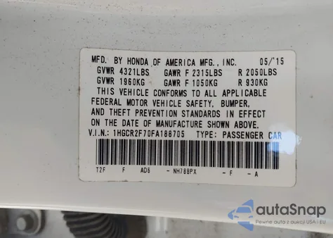 2015 Honda Accord Ex z USA, uszkodzony, nr VIN 1HGCR2F70FA188705